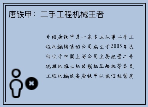 唐铁甲:二手工程机械王者 唐铁甲:二手工程机械王者